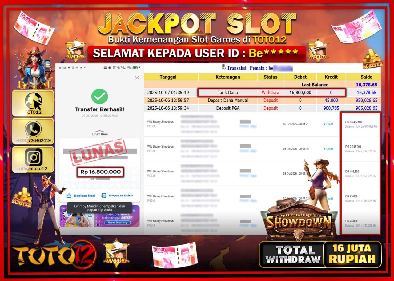 HANYA DI TOTO12 JP PASTI DI BAYAR LUNAS DAN CEPAT!!!!!! JACKPOT SLOT GAME (WILD BOUNTY SHOWDOWN) Rp.16.800.000 !!!!