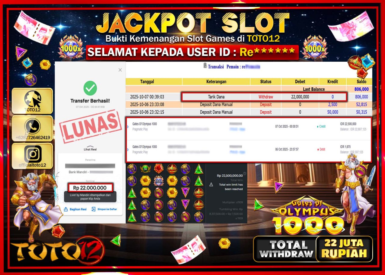 HANYA DI TOTO12 JP PASTI DI BAYAR LUNAS DAN CEPAT!!!!!! JACKPOT SLOT GAME (GATES OF OLYMPUS 1000) Rp.22.000.000 !!!!