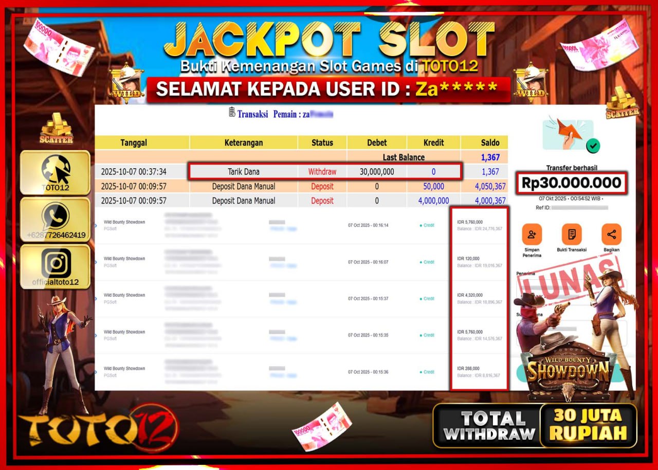 HANYA DI TOTO12 JP PASTI DI BAYAR LUNAS DAN CEPAT!!!!!! JACKPOT SLOT GAME (WILD BOUNTY SHOWDOWN) Rp.30.000.000 !!!!