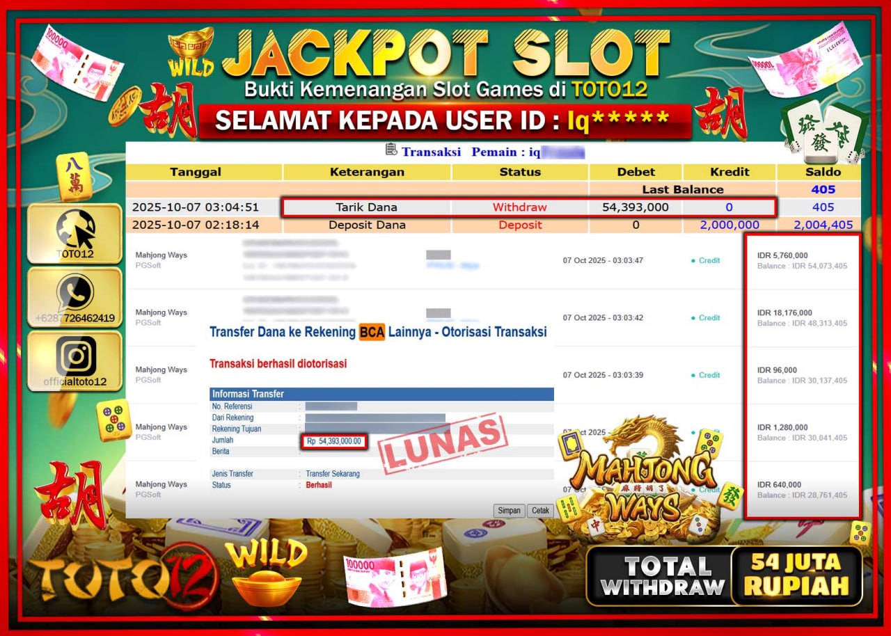 HANYA DI TOTO12 JP PASTI DI BAYAR LUNAS DAN CEPAT!!!!!! JACKPOT SLOT GAME (MAHJONG WAYS) Rp.54.393.000 !!!!