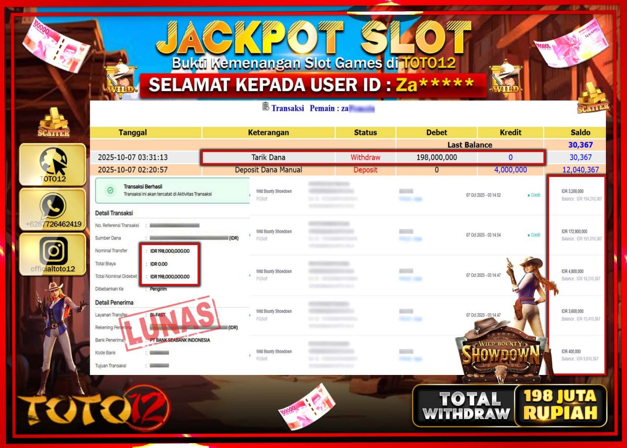 HANYA DI TOTO12 JP PASTI DI BAYAR LUNAS DAN CEPAT!!!!!! JACKPOT SLOT GAME (WILD BOUNTY SHOWDOWN) Rp.198.000.000 !!!!