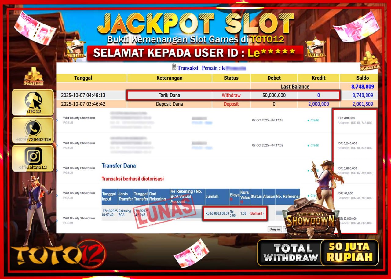 HANYA DI TOTO12 JP PASTI DI BAYAR LUNAS DAN CEPAT!!!!!! JACKPOT SLOT GAME (WILD BOUNTY SHOWDOWN) Rp.50.000.000 !!!!