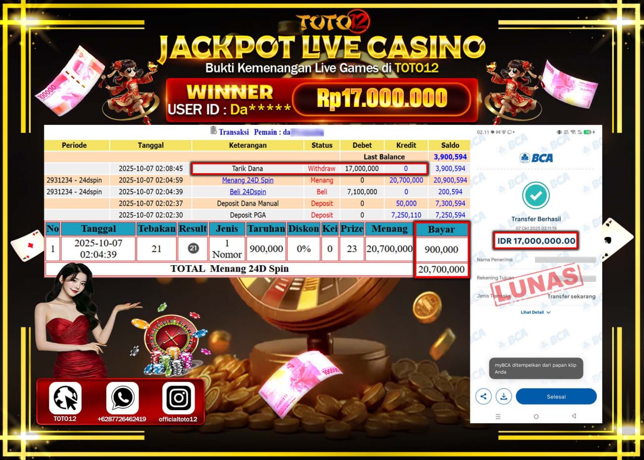 HANYA DI TOTO12 JP PASTI DI BAYAR LUNAS DAN CEPAT!!!!!! JACKPOT LIVE CASINO (24D SPIN) Rp.17.000.000 !!!!