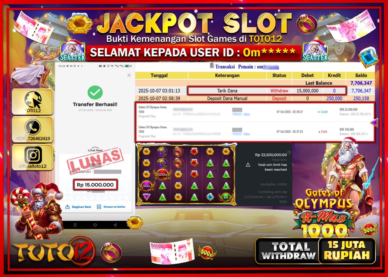 HANYA DI TOTO12 JP PASTI DI BAYAR LUNAS DAN CEPAT!!!!!! JACKPOT SLOT GAME (GATES OF OLYMPUS XMAS 1000) Rp.15.000.000 !!!!