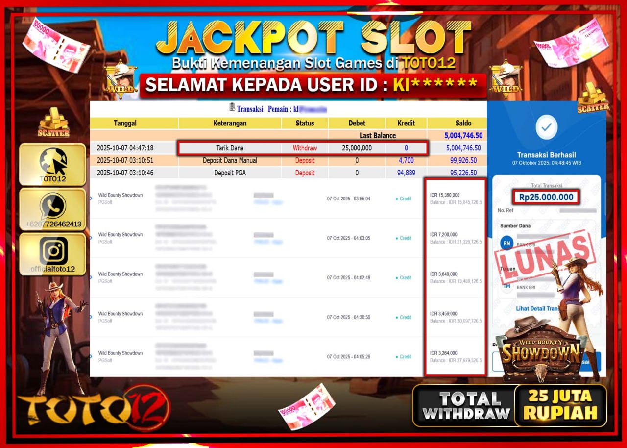 HANYA DI TOTO12 JP PASTI DI BAYAR LUNAS DAN CEPAT!!!!!! JACKPOT SLOT GAME (WILD BOUNTY SHOWDOWN) Rp.25.000.000 !!!!