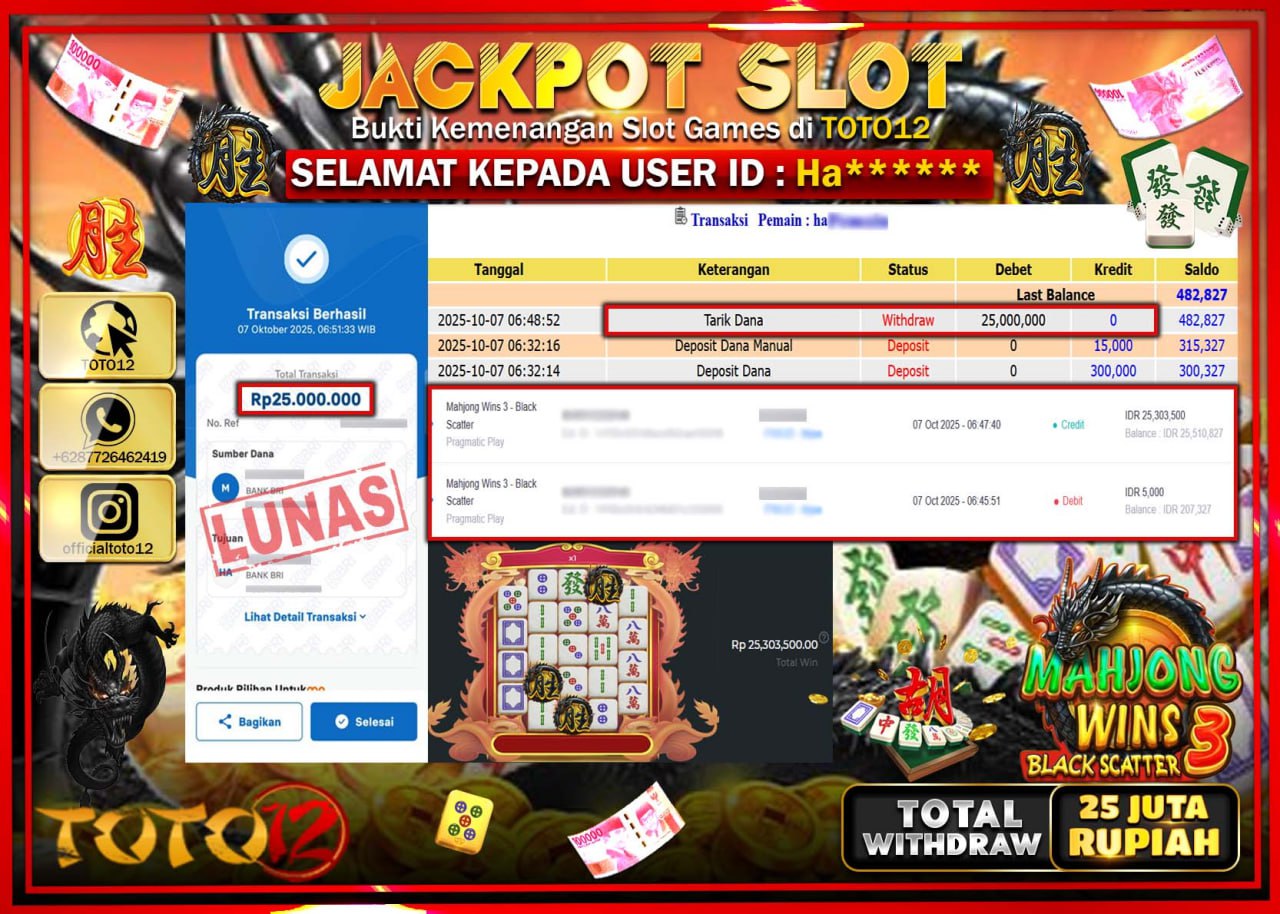 HANYA DI TOTO12 JP PASTI DI BAYAR LUNAS DAN CEPAT!!!!!! JACKPOT SLOT GAME (MAHJONG WINS 3 BLACK SCATTER) Rp.25.000.000 !!!!