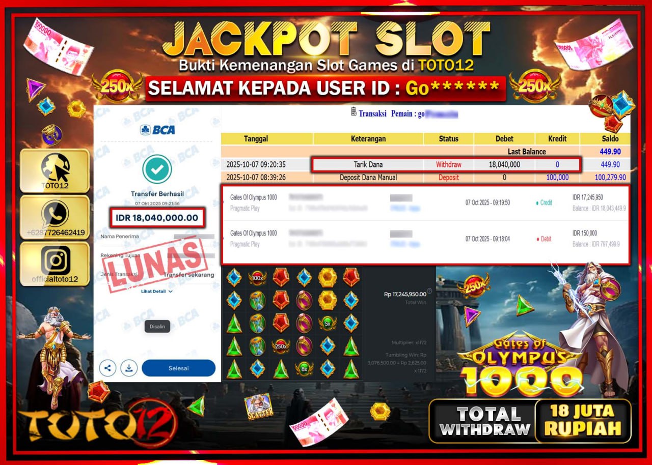 HANYA DI TOTO12 JP PASTI DI BAYAR LUNAS DAN CEPAT!!!!!! JACKPOT SLOT GAME (GATES OF OLYMPUS 1000) Rp.18.040.000 !!!!