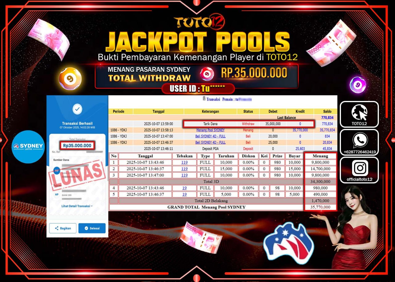 HANYA DI TOTO12 JP PASTI DI BAYAR LUNAS DAN CEPAT!!!!!! JACKPOT POOLS PASARAN (SYDNEY) Rp.35.000.000 !!!!