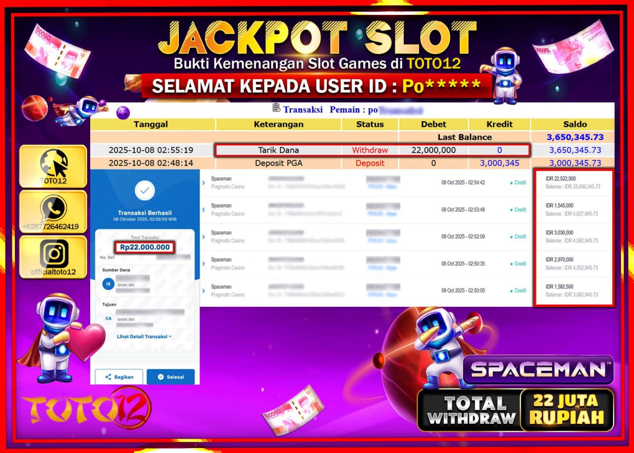 HANYA DI TOTO12 JP PASTI DI BAYAR LUNAS DAN CEPAT!!!!!! JACKPOT SLOT GAME (SPACEMAN) Rp.22.000.000 !!!!