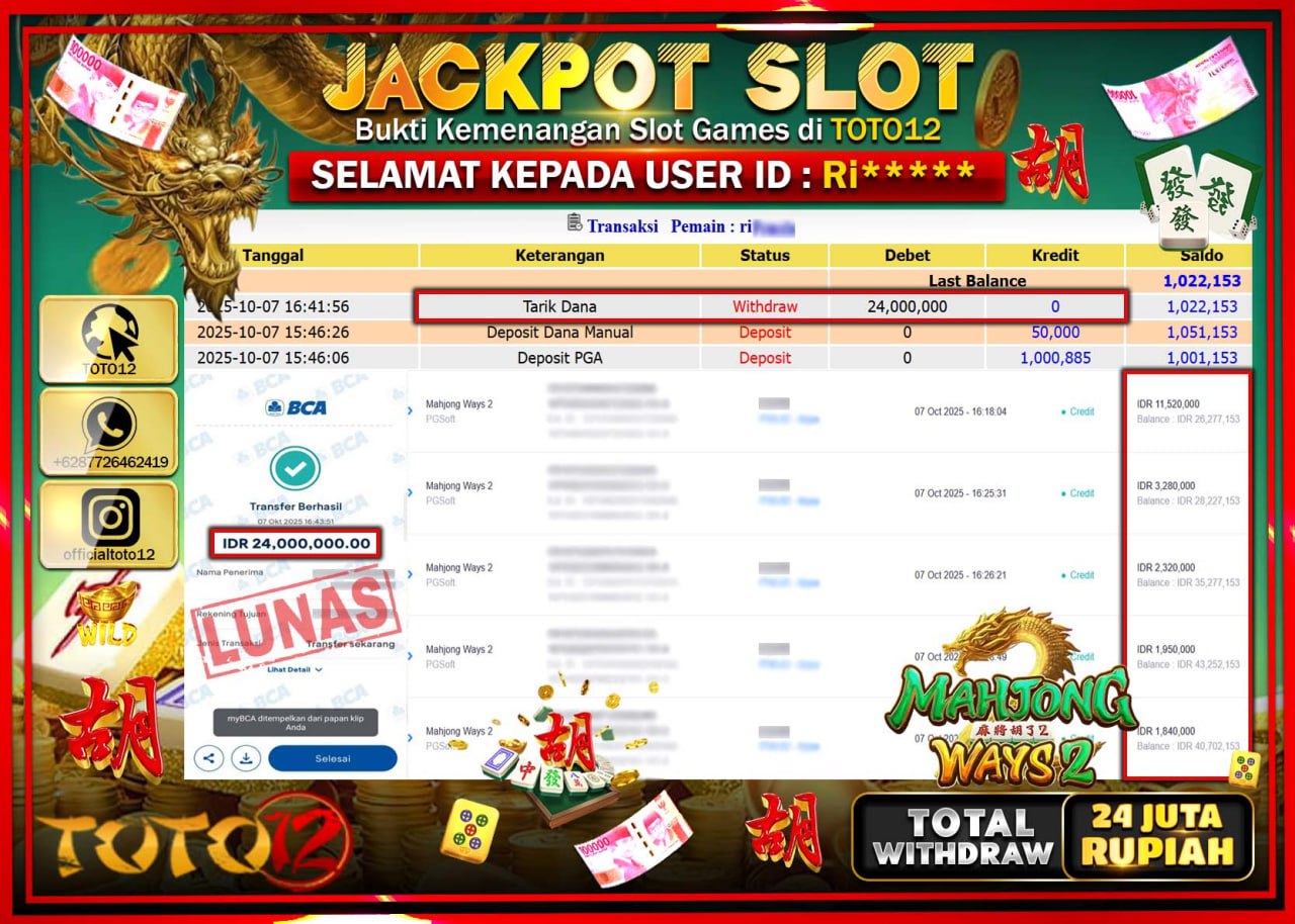 HANYA DI TOTO12 JP PASTI DI BAYAR LUNAS DAN CEPAT!!!!!! JACKPOT SLOT GAME (MAHJONG WAYS 2) Rp.24.000.000 !!!!