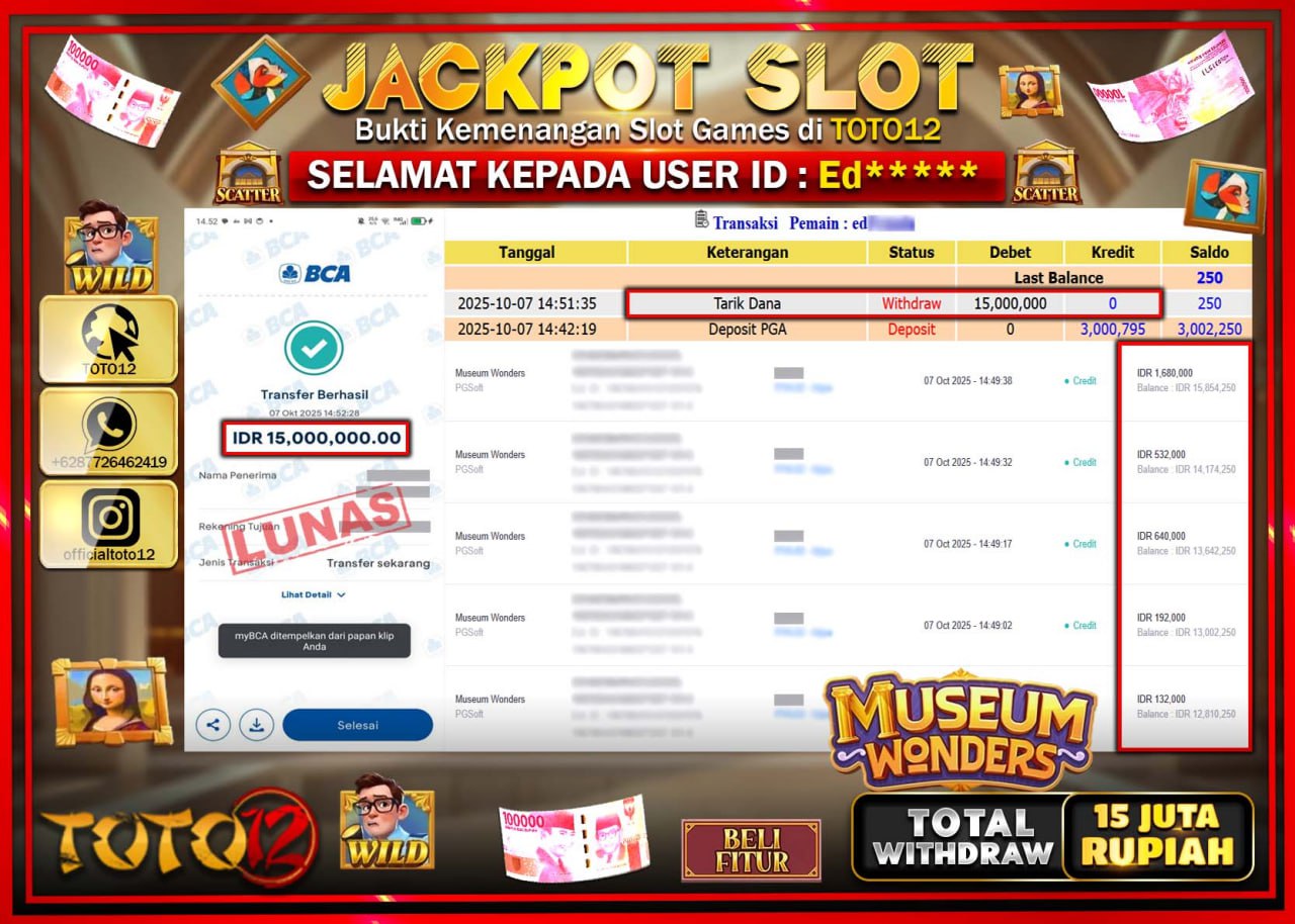 HANYA DI TOTO12 JP PASTI DI BAYAR LUNAS DAN CEPAT!!!!!! JACKPOT SLOT GAME (MUSEUM WONDERS) Rp.15.000.000 !!!!