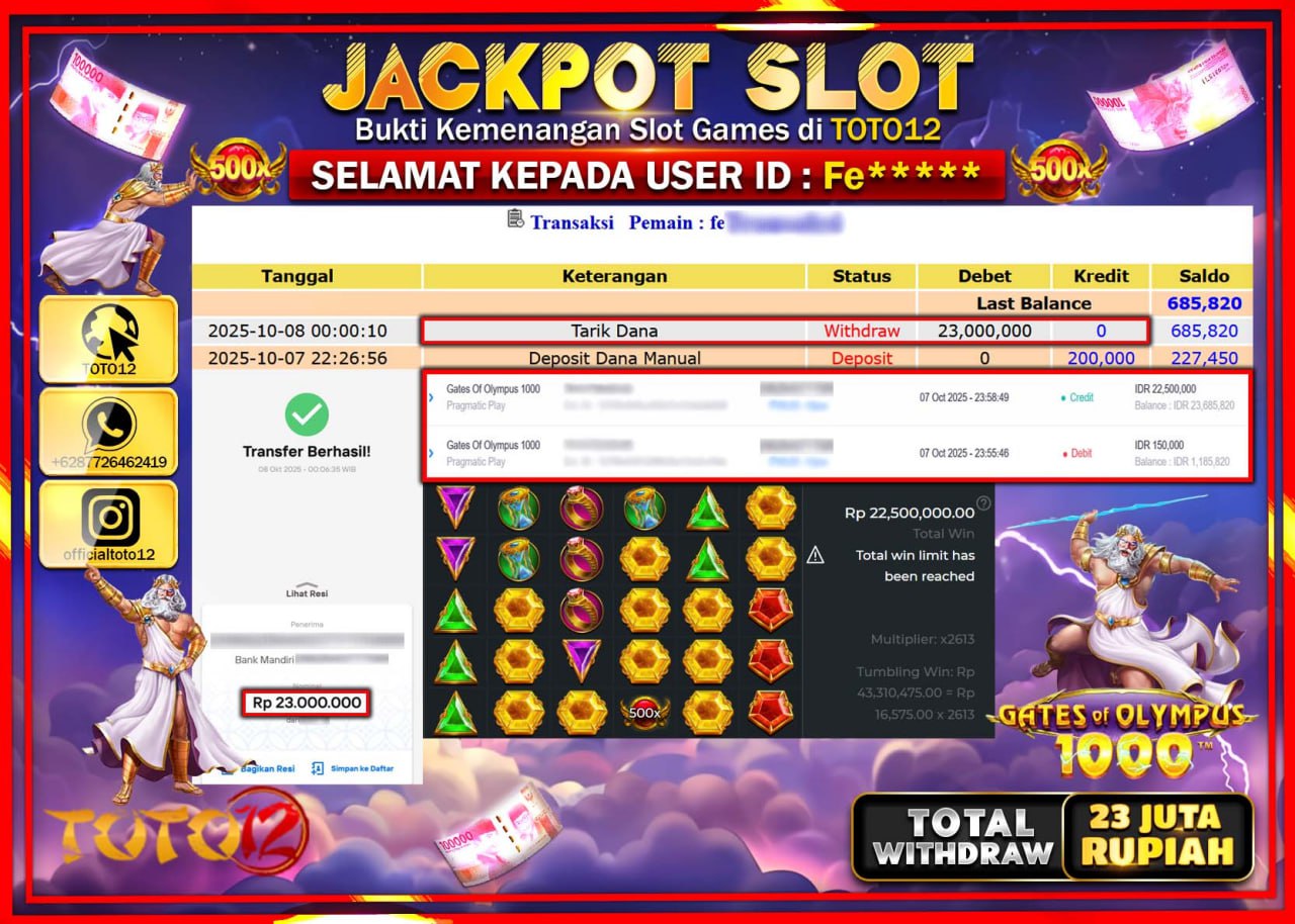 HANYA DI TOTO12 JP PASTI DI BAYAR LUNAS DAN CEPAT!!!!!! JACKPOT SLOT GAME (GATES OF OLYMPUS 1000) Rp.23.000.000 !!!!