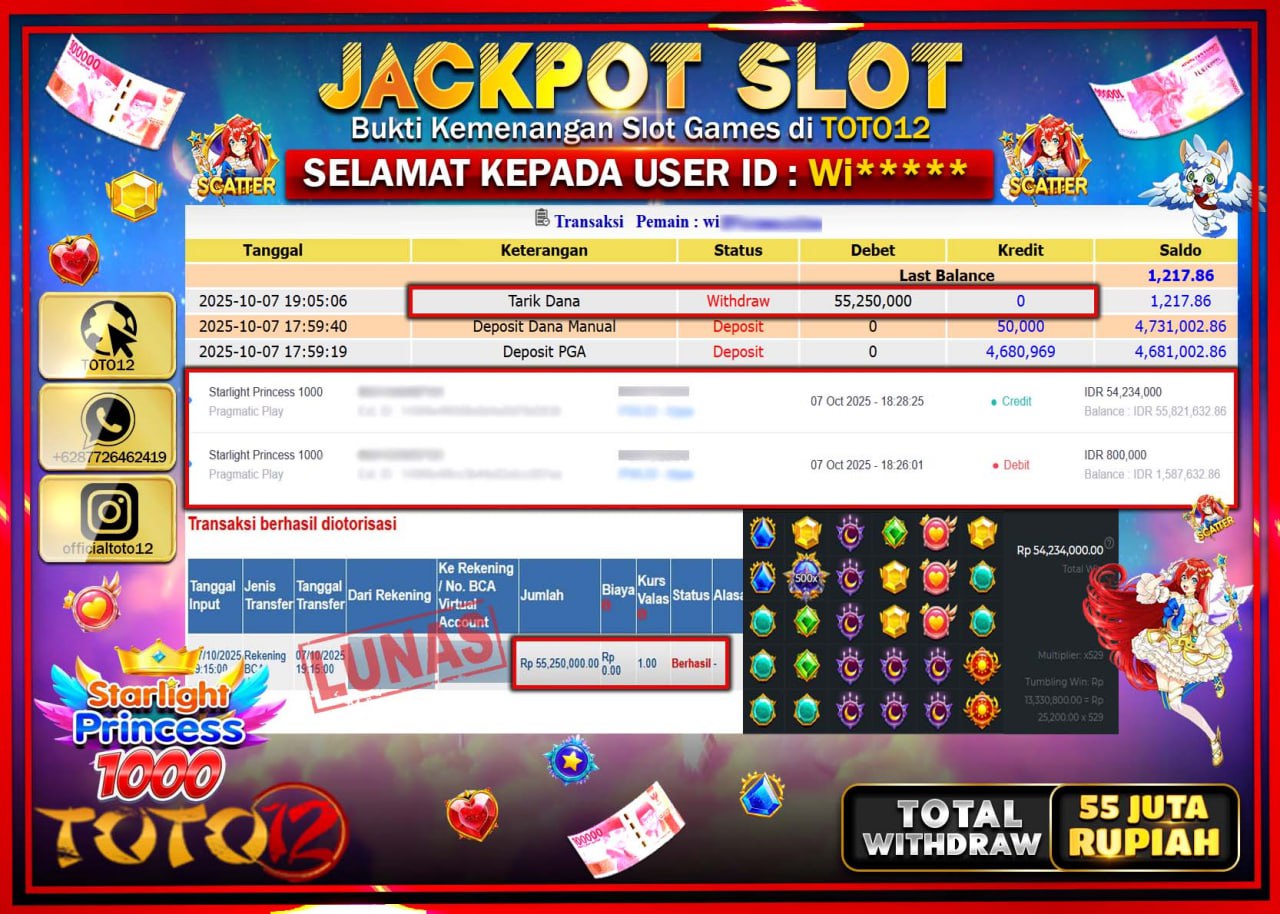 HANYA DI TOTO12 JP PASTI DI BAYAR LUNAS DAN CEPAT!!!!!! JACKPOT SLOT GAME (STARLIGHT PRINCESS 1000) Rp.55.250.000 !!!!
