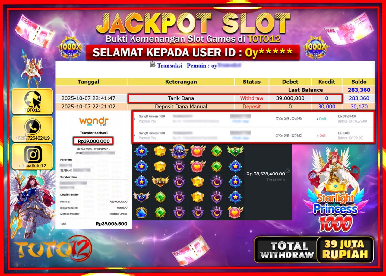 HANYA DI TOTO12 JP PASTI DI BAYAR LUNAS DAN CEPAT!!!!!! JACKPOT SLOT GAME (STARLIGHT PRINCESS 1000) Rp.39.000.000 !!!!