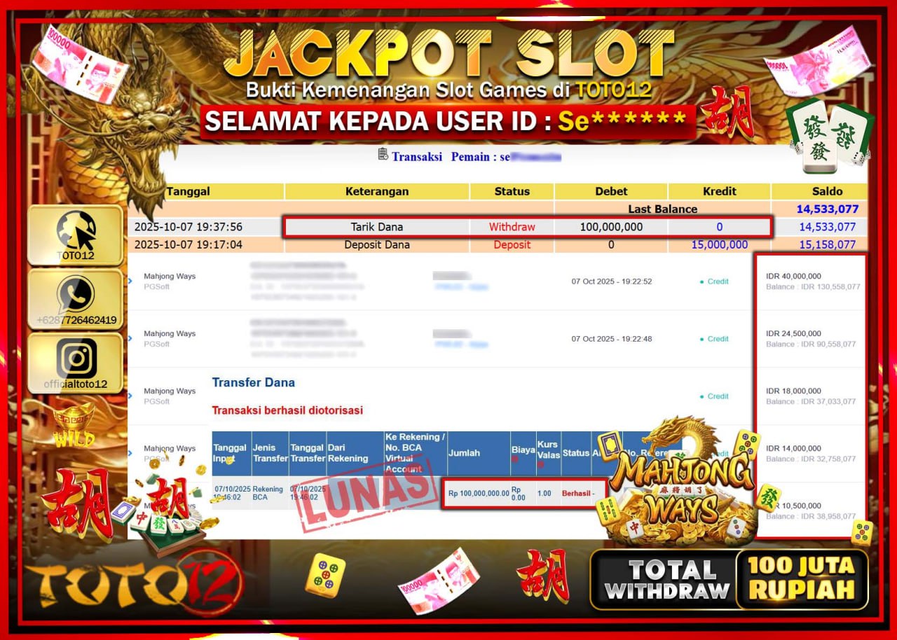 HANYA DI TOTO12 JP PASTI DI BAYAR LUNAS DAN CEPAT!!!!!! JACKPOT SLOT GAME (MAHJONG WAYS) Rp.100.000.000 !!!!