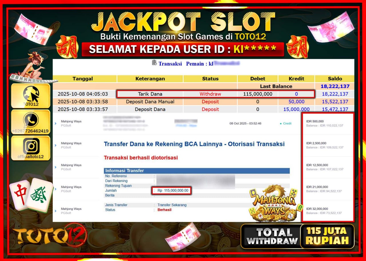 HANYA DI TOTO12 JP PASTI DI BAYAR LUNAS DAN CEPAT!!!!!! JACKPOT SLOT GAME (MAHJONG WAYS) Rp.115.000.000 !!!!