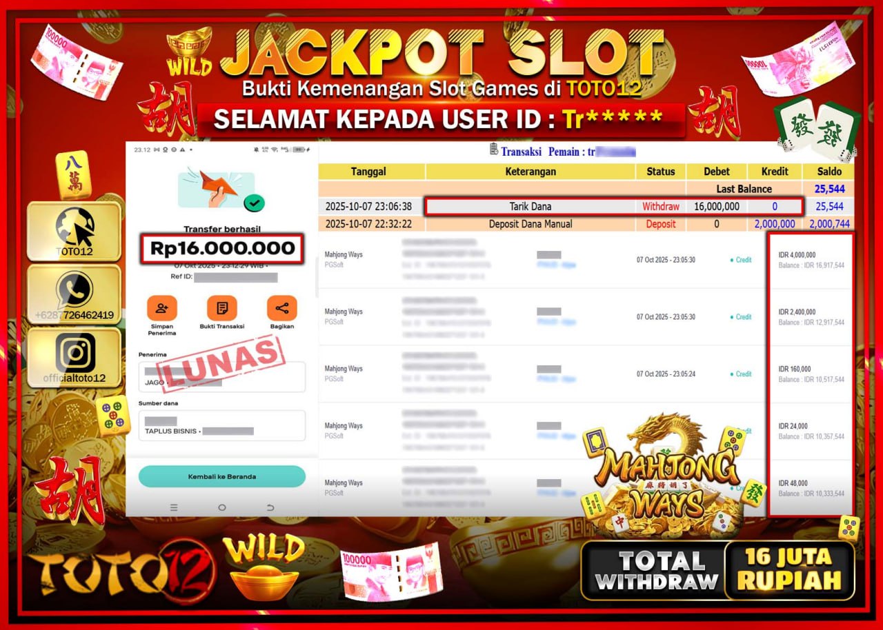 HANYA DI TOTO12 JP PASTI DI BAYAR LUNAS DAN CEPAT!!!!!! JACKPOT SLOT GAME (MAHJONG WAYS) Rp.16.000.000 !!!!