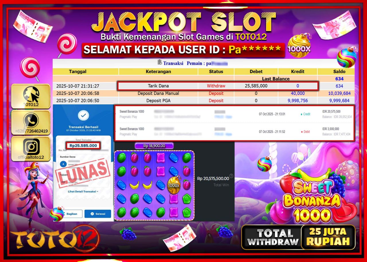 HANYA DI TOTO12 JP PASTI DI BAYAR LUNAS DAN CEPAT!!!!!! JACKPOT SLOT GAME (SWEET BONANZA 1000) Rp.25.585.000 !!!!