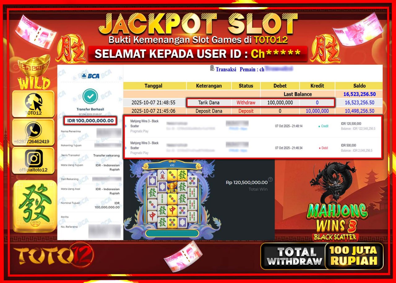 HANYA DI TOTO12 JP PASTI DI BAYAR LUNAS DAN CEPAT!!!!!! JACKPOT SLOT GAME (MAHJONG WINS 3 BLACK SCATTER) Rp.100.000.000 !!!!
