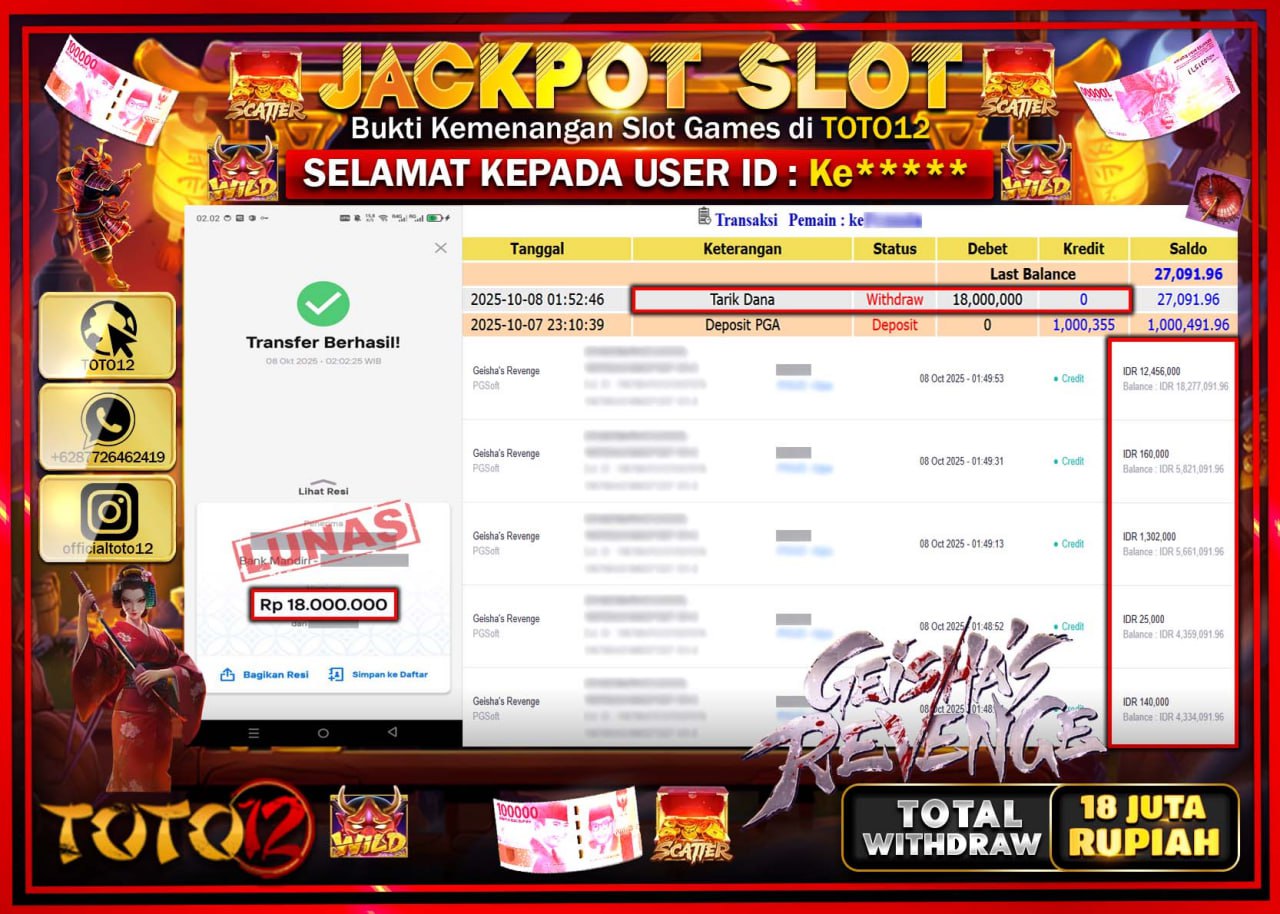 HANYA DI TOTO12 JP PASTI DI BAYAR LUNAS DAN CEPAT!!!!!! JACKPOT SLOT GAME (GEISHAS REVENGE) Rp.18.000.000 !!!!