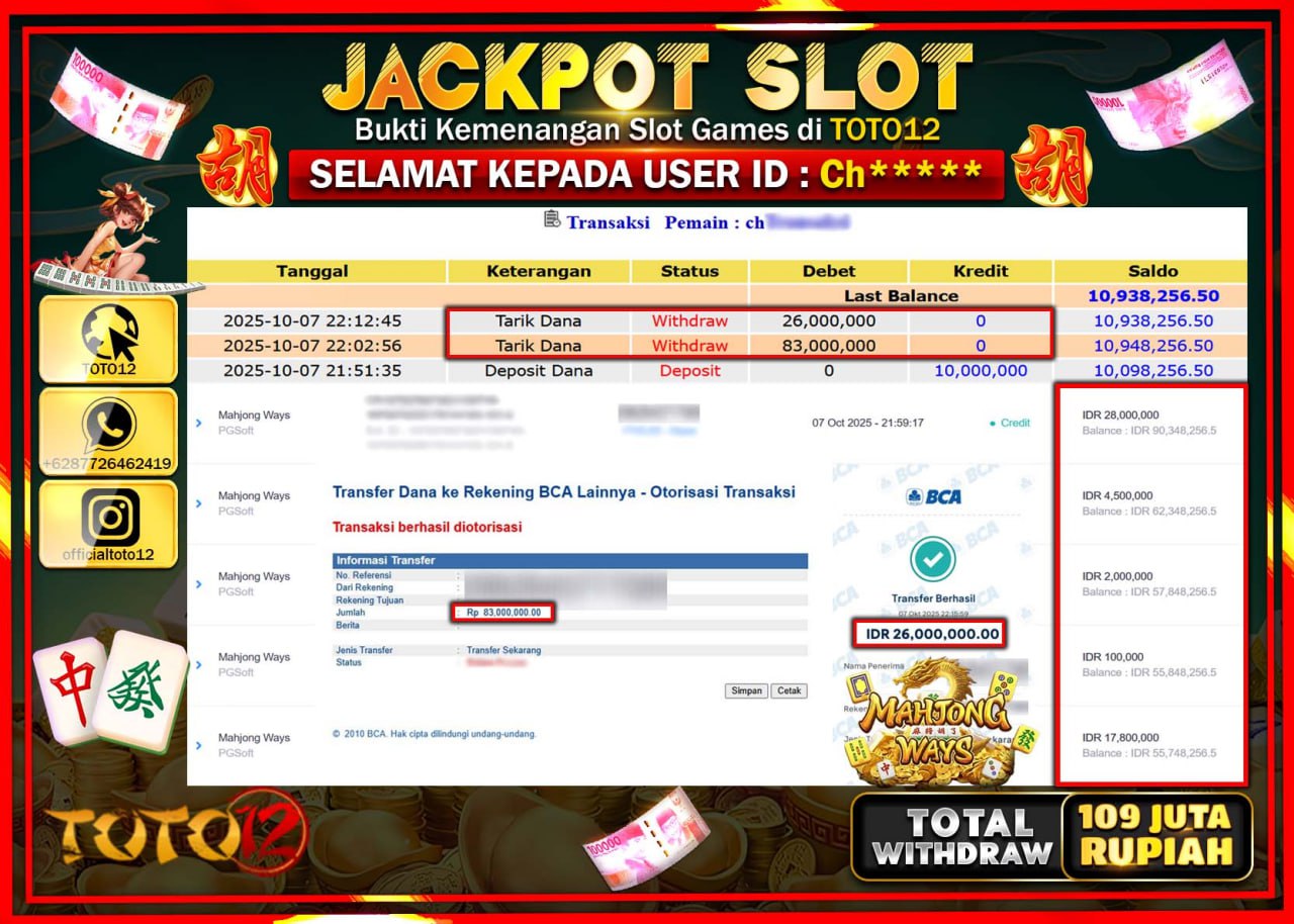 HANYA DI TOTO12 JP PASTI DI BAYAR LUNAS DAN CEPAT!!!!!! JACKPOT SLOT GAME (MAHJONG WAYS) Rp.109.000.000 !!!!