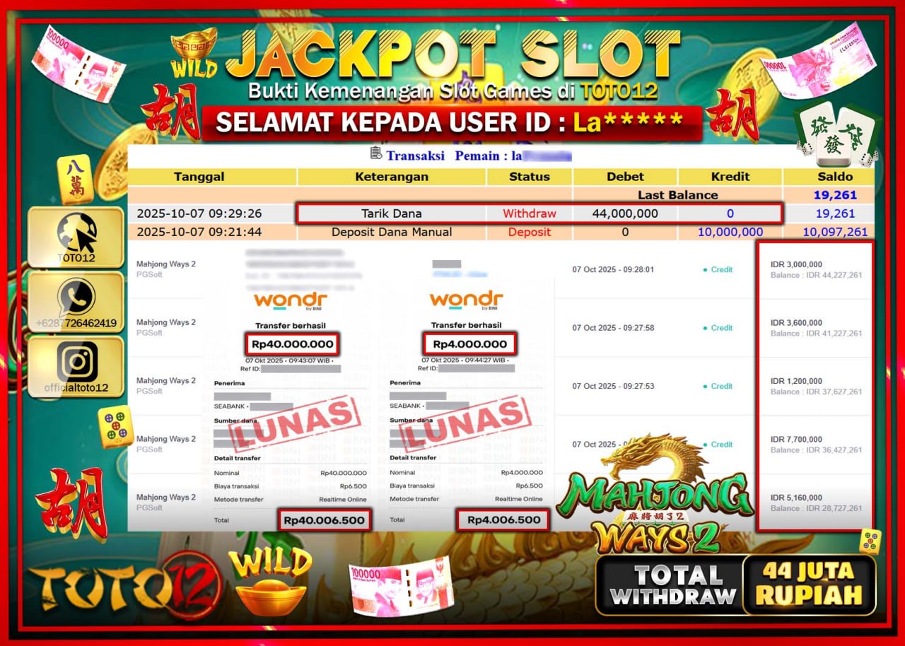 HANYA DI TOTO12 JP PASTI DI BAYAR LUNAS DAN CEPAT!!!!!! JACKPOT SLOT GAME (MAHJONG WAYS 2) Rp.44.000.000 !!!!