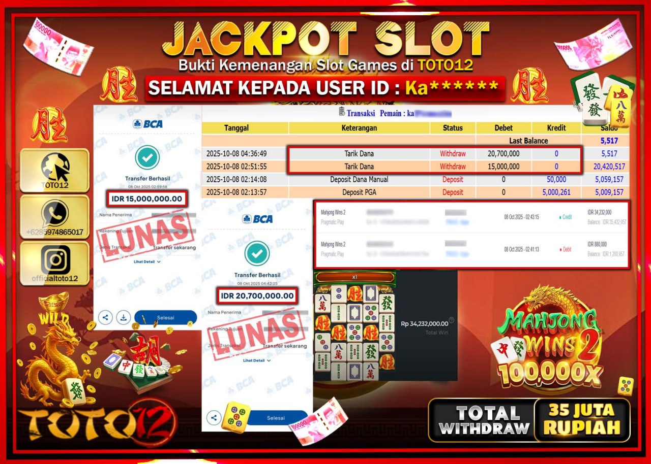 HANYA DI TOTO12 JP PASTI DI BAYAR LUNAS DAN CEPAT!!!!!! JACKPOT SLOT GAME (MAHJONG WINS 2) Rp.35.700.000 !!!!