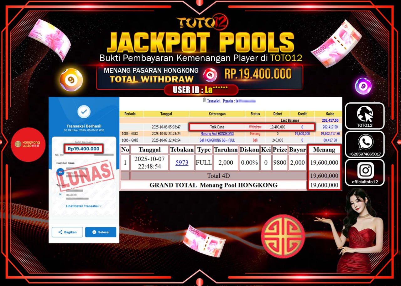 HANYA DI TOTO12 JP PASTI DI BAYAR LUNAS DAN CEPAT!!!!!! JACKPOT POOLS PASARAN (HONGKONG) Rp.19.400.000 !!!!