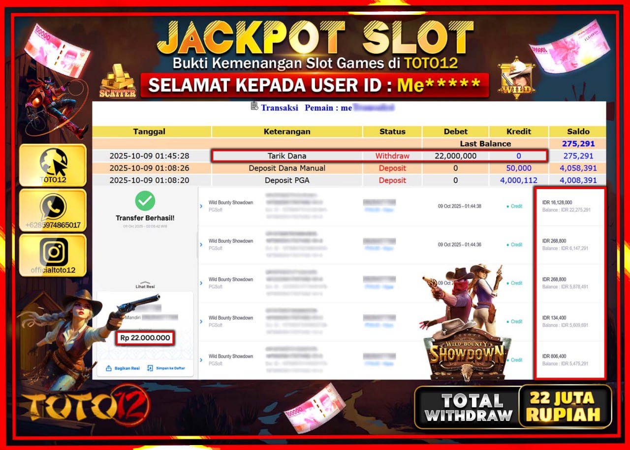 HANYA DI TOTO12 JP PASTI DI BAYAR LUNAS DAN CEPAT!!!!!! JACKPOT SLOT GAME (WILD BOUNTY SHOWDOWN) Rp.22.000.000 !!!!