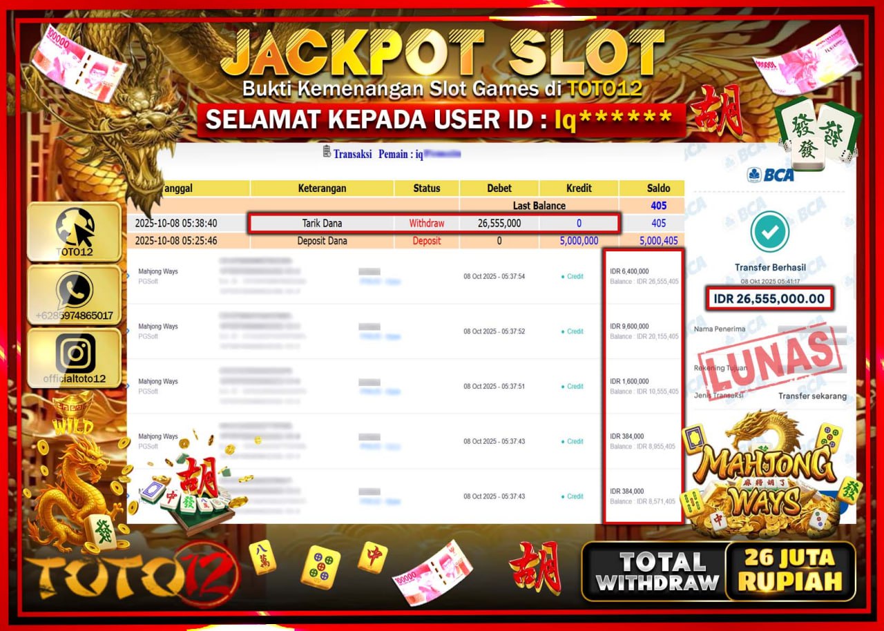 HANYA DI TOTO12 JP PASTI DI BAYAR LUNAS DAN CEPAT!!!!!! JACKPOT SLOT GAME (MAHJONG WAYS) Rp.26.555.000 !!!!
