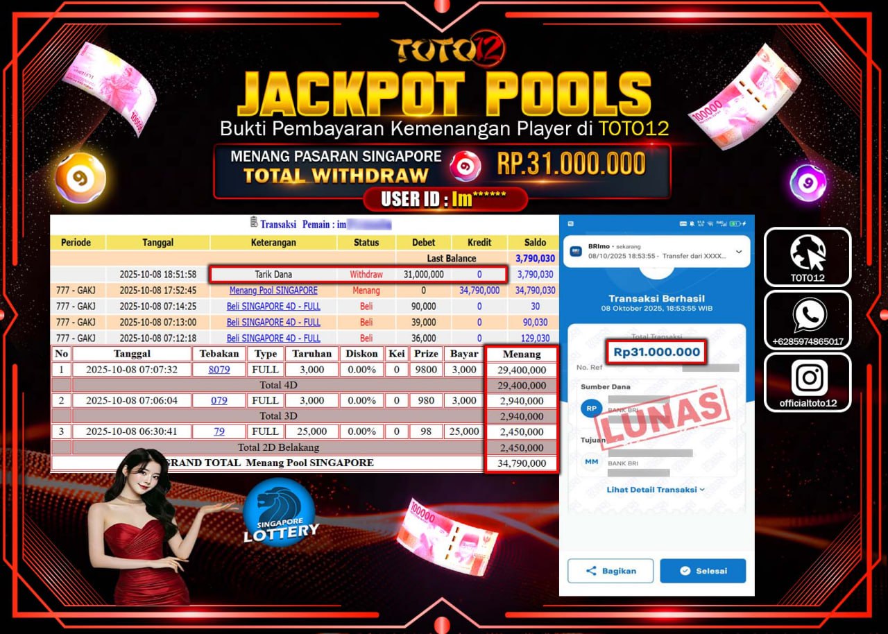 HANYA DI TOTO12 JP PASTI DI BAYAR LUNAS DAN CEPAT!!!!!! JACKPOT POOLS PASARAN (SINGAPORE) Rp.31.000.000 !!!!