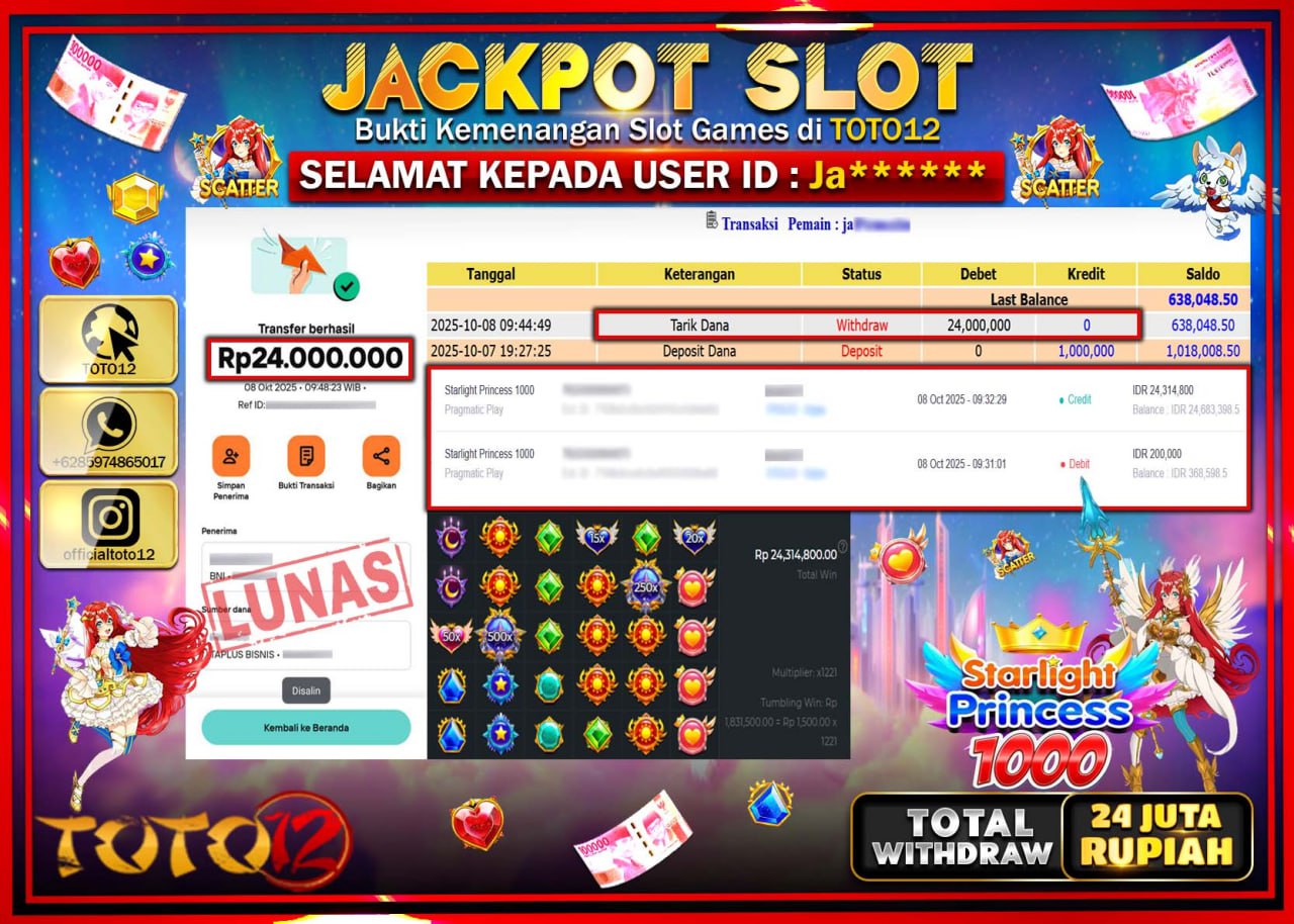 HANYA DI TOTO12 JP PASTI DI BAYAR LUNAS DAN CEPAT!!!!!! JACKPOT SLOT GAME (STARLIGHT PRINCESS 1000) Rp.24.000.000 !!!!