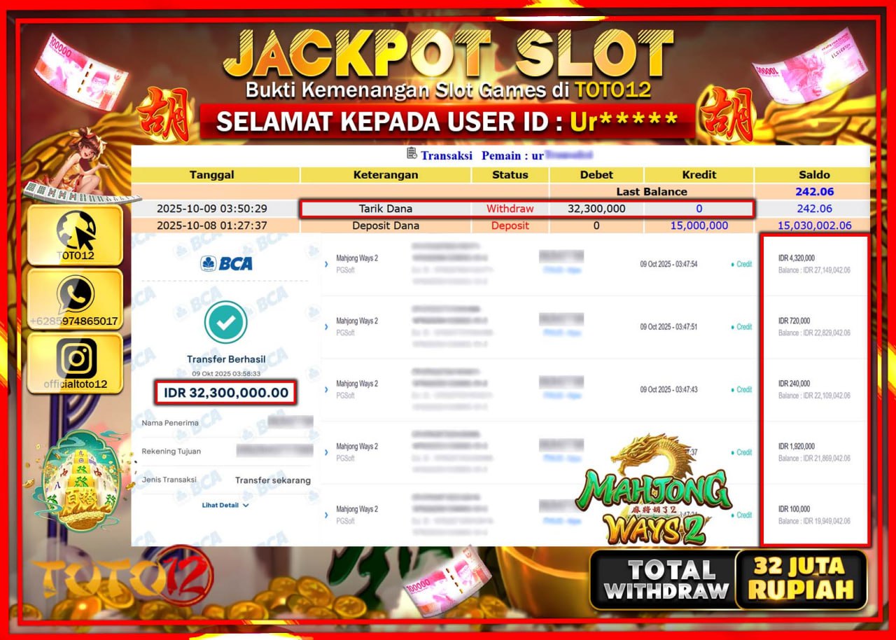 HANYA DI TOTO12 JP PASTI DI BAYAR LUNAS DAN CEPAT!!!!!! JACKPOT SLOT GAME (MAHJONG WAYS 2) Rp32.300.000 !!!!