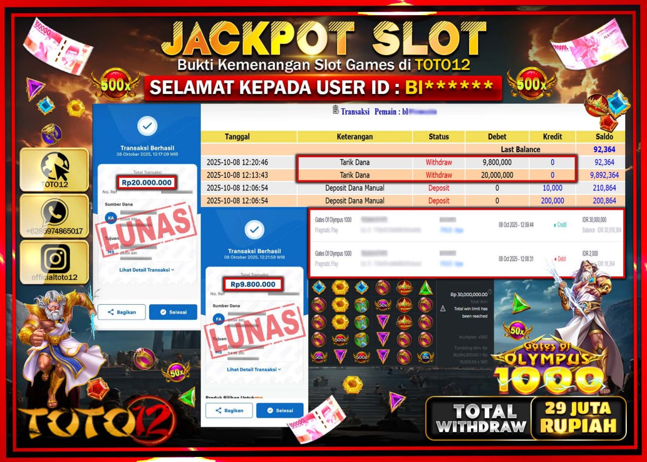 HANYA DI TOTO12 JP PASTI DI BAYAR LUNAS DAN CEPAT!!!!!! JACKPOT SLOT GAME (GATES OF OLYMPUS 1000) Rp.29.800.000 !!!!