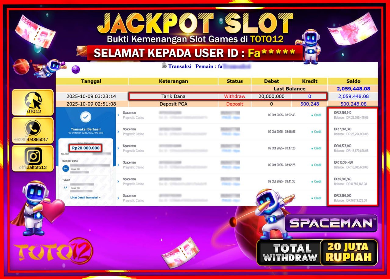 HANYA DI TOTO12 JP PASTI DI BAYAR LUNAS DAN CEPAT!!!!!! JACKPOT SLOT GAME (SPACEMAN) Rp.20.000.000 !!!!