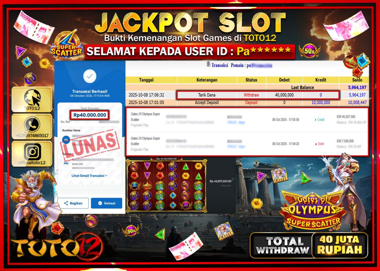 HANYA DI TOTO12 JP PASTI DI BAYAR LUNAS DAN CEPAT!!!!!! JACKPOT SLOT GAME (GATES OF OLYMPUS SUPER SCATTER) Rp.40.000.000 !!!!