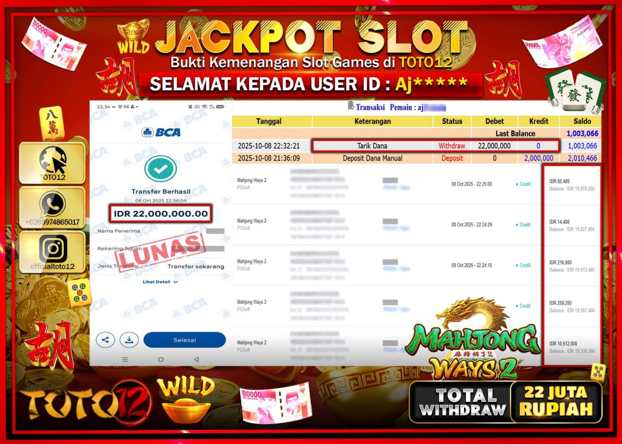 HANYA DI TOTO12 JP PASTI DI BAYAR LUNAS DAN CEPAT!!!!!! JACKPOT SLOT GAME (MAHJONG WAYS 2) Rp.22.000.000 !!!!