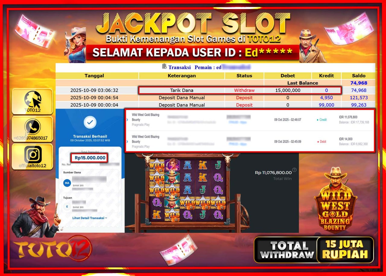 HANYA DI TOTO12 JP PASTI DI BAYAR LUNAS DAN CEPAT!!!!!! JACKPOT SLOT GAME (WILD WEST GOLD BLAZING BOUNTY) Rp15.000.000 !!!!
