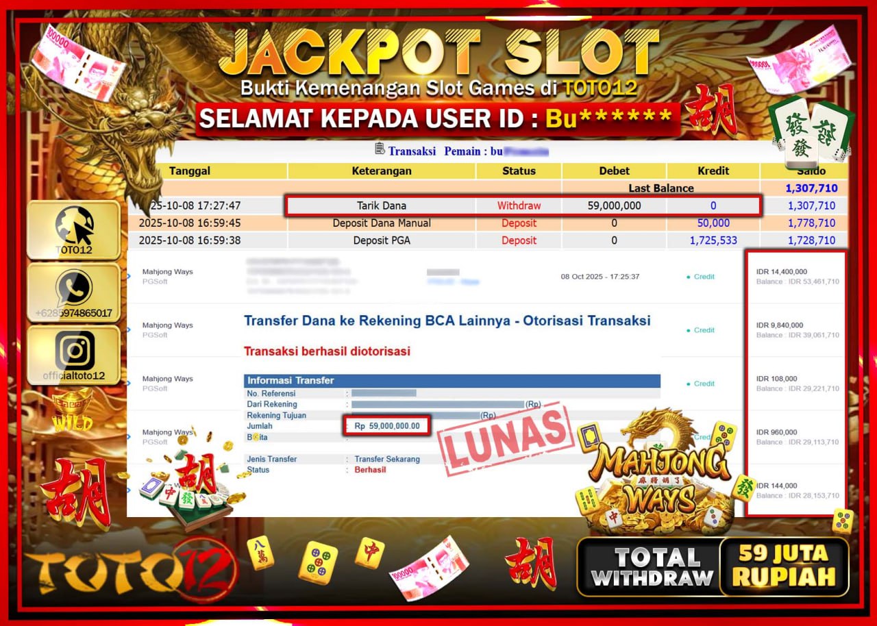 HANYA DI TOTO12 JP PASTI DI BAYAR LUNAS DAN CEPAT!!!!!! JACKPOT SLOT GAME (MAHJONG WAYS) Rp.59.000.000 !!!!