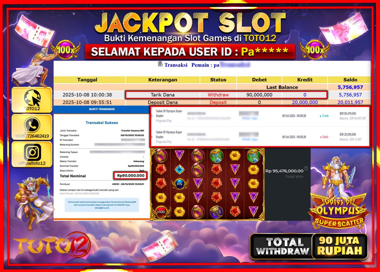 HANYA DI TOTO12 JP PASTI DI BAYAR LUNAS DAN CEPAT!!!!!! JACKPOT SLOT GAME (GATES OF OLYMPUS SUPER SCATTER) Rp.90.000.000 !!!!