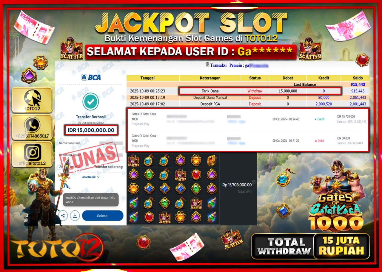 HANYA DI TOTO12 JP PASTI DI BAYAR LUNAS DAN CEPAT!!!!!! JACKPOT SLOT GAME (GATES OF GATOT KACA 1000) Rp.15.000.000 !!!!