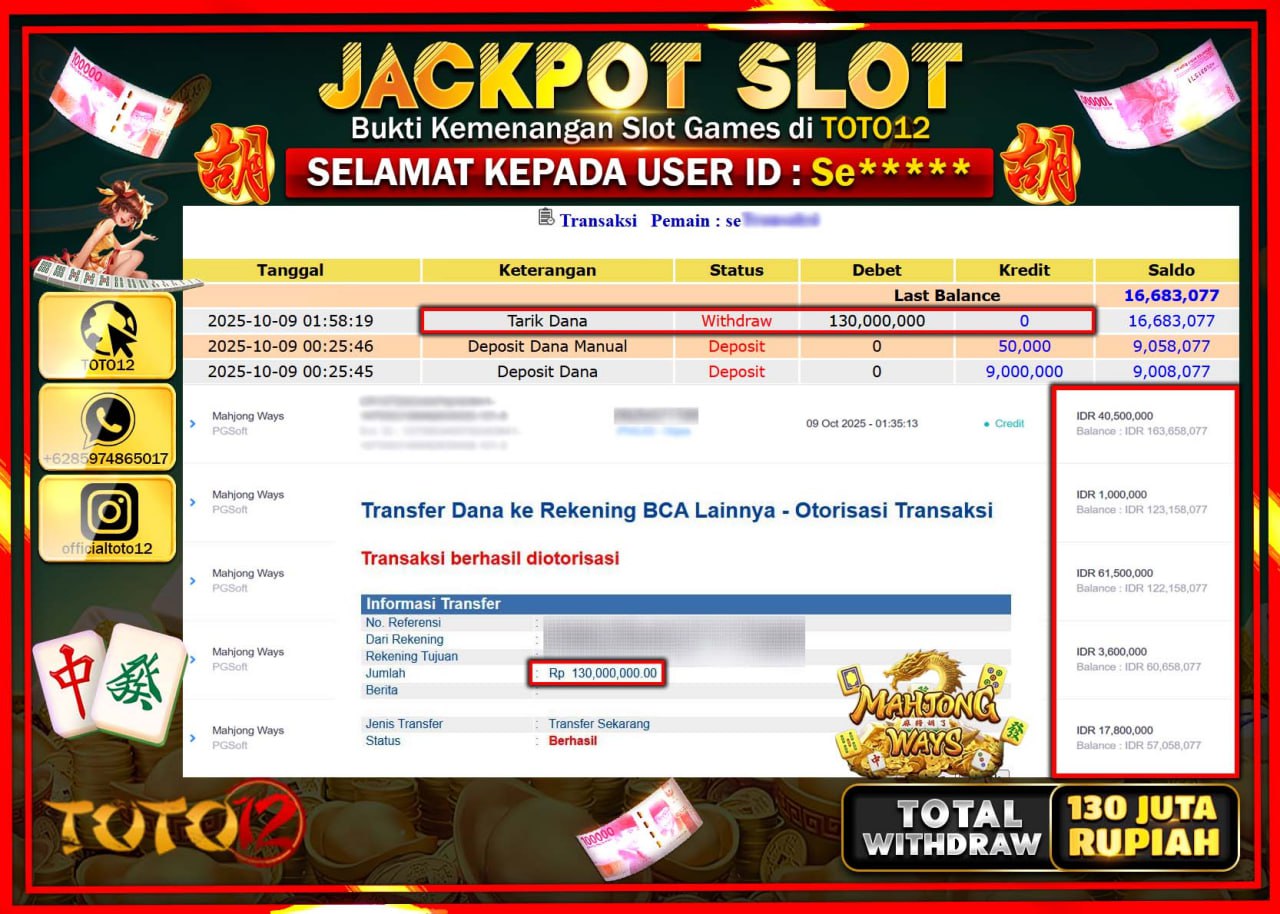 HANYA DI TOTO12 JP PASTI DI BAYAR LUNAS DAN CEPAT!!!!!! JACKPOT SLOT GAME (MAHJONG WAYS) Rp.130.000.000 !!!!