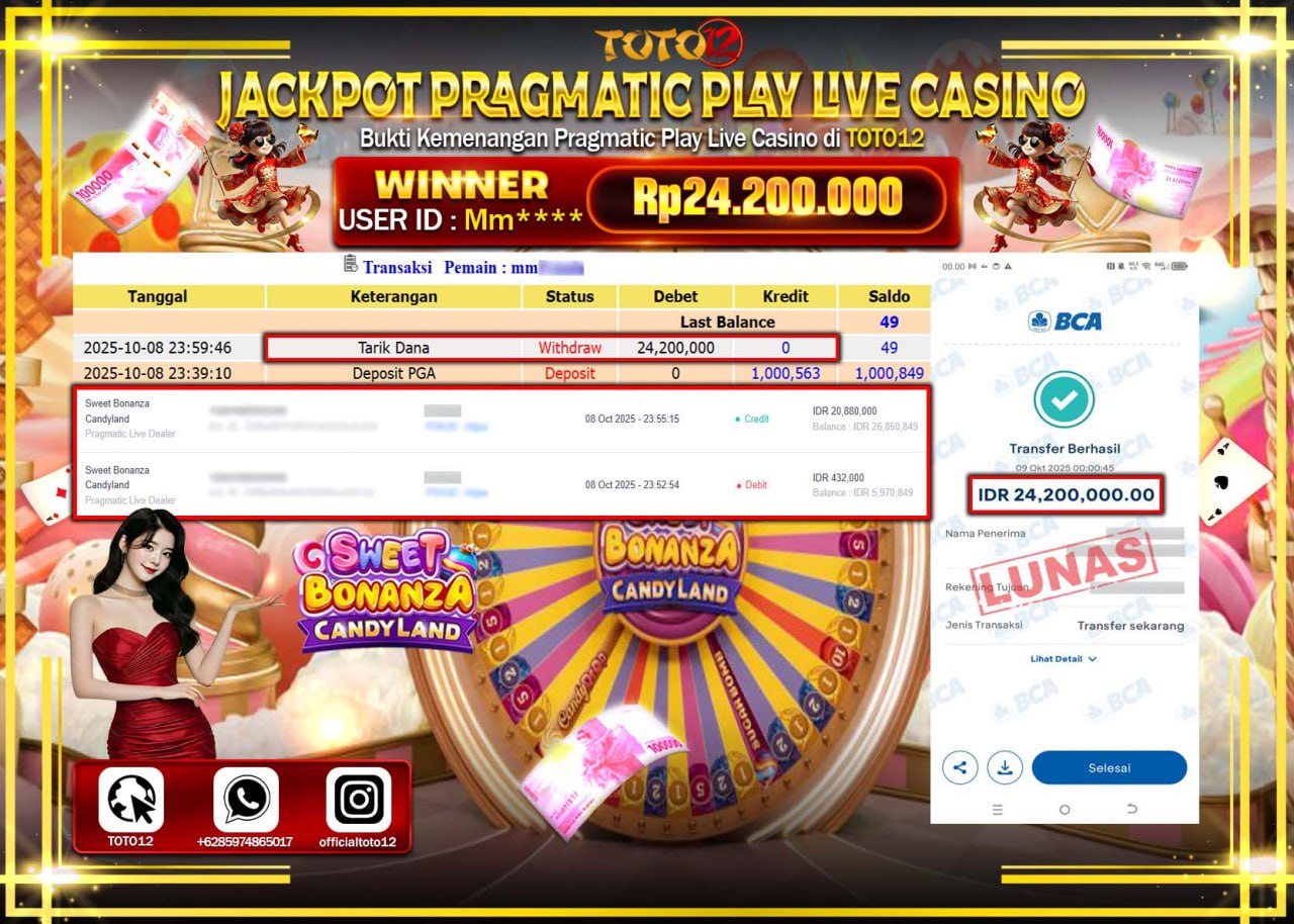 HANYA DI TOTO12 JP PASTI DI BAYAR LUNAS DAN CEPAT!!!!!! JACKPOT PRAGMATIC PLAY LIVE CASINO (SWEET BONANZA CANDY LAND) Rp.24.200.000 !!!!