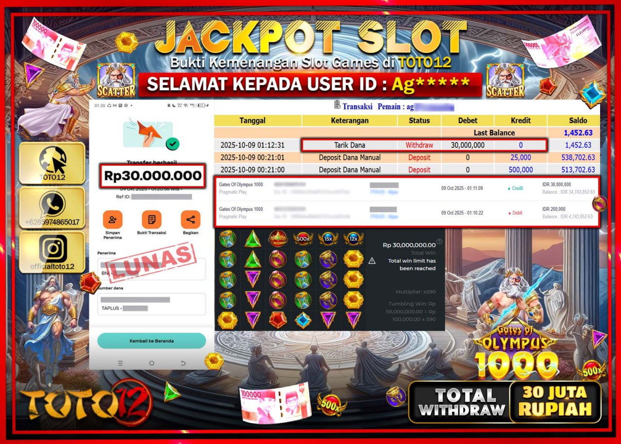 HANYA DI TOTO12 JP PASTI DI BAYAR LUNAS DAN CEPAT!!!!!! JACKPOT SLOT GAME (GATES OF OLYMPUS 1000) Rp.30.000.000 !!!!