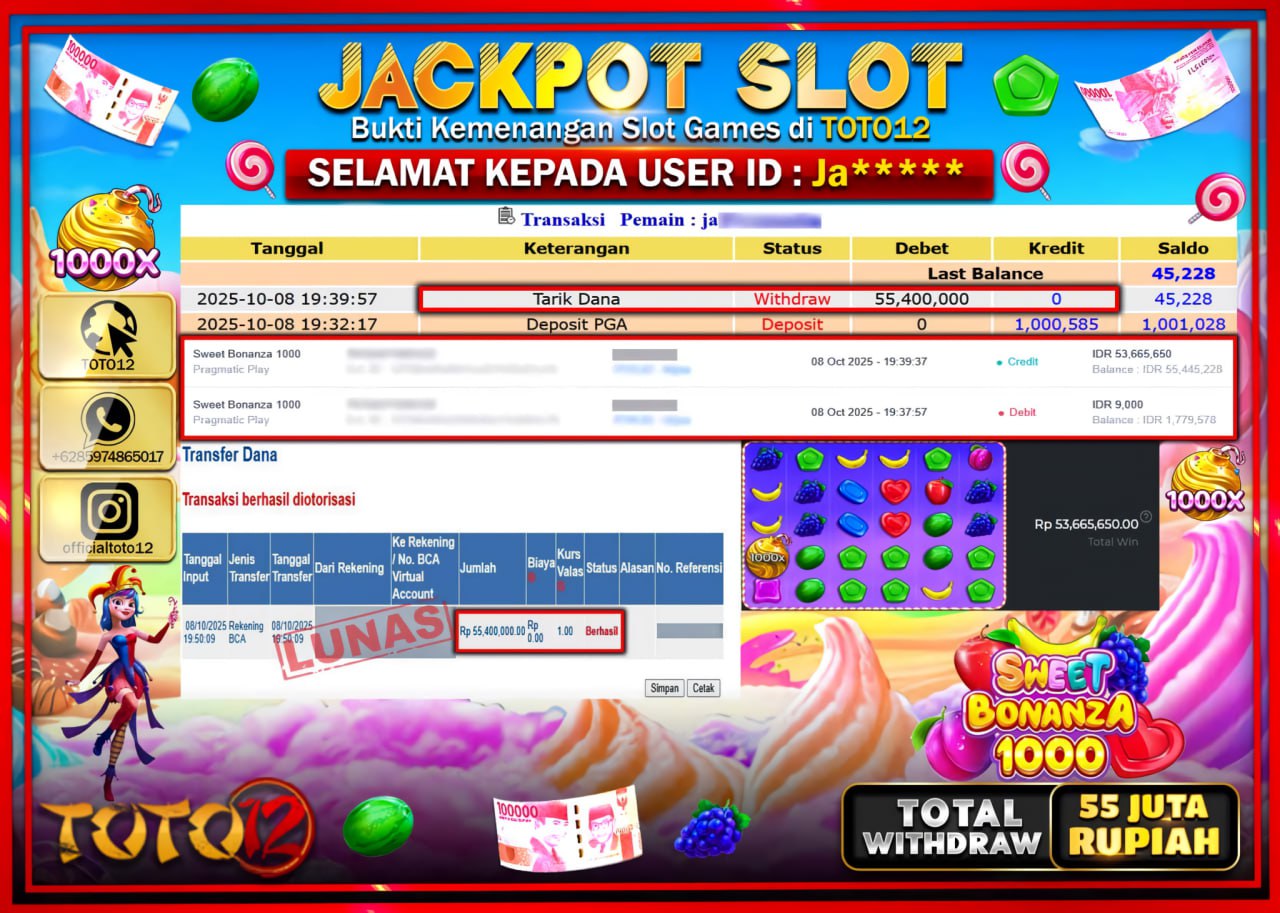 HANYA DI TOTO12 JP PASTI DI BAYAR LUNAS DAN CEPAT!!!!!! JACKPOT SLOT GAME (SWEET BONANZA 1000) Rp.55.400.000 !!!!