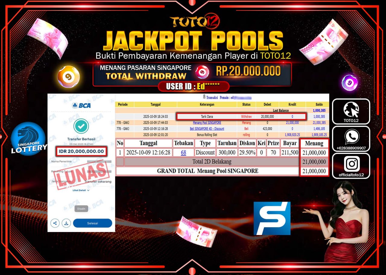 HANYA DI TOTO12 JP PASTI DI BAYAR LUNAS DAN CEPAT!!!!!! JACKPOT POOLS PASARAN (SINGAPORE) Rp.20.000.000 !!!!