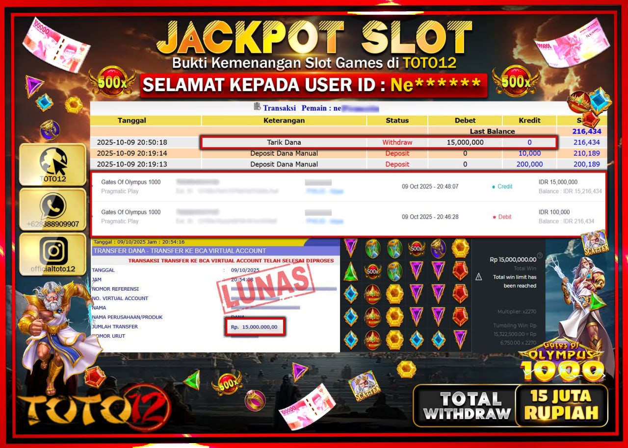 HANYA DI TOTO12 JP PASTI DI BAYAR LUNAS DAN CEPAT!!!!!! JACKPOT SLOT GAME (GATES OF OLYMPUS 1000) Rp.15.000.000 !!!!