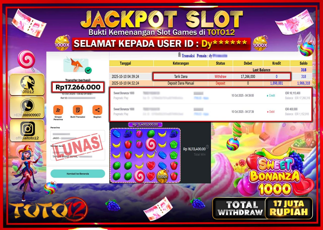 HANYA DI TOTO12 JP PASTI DI BAYAR LUNAS DAN CEPAT!!!!!! JACKPOT SLOT GAME (SWEET BONANZA 1000) Rp.17.266.000 !!!!