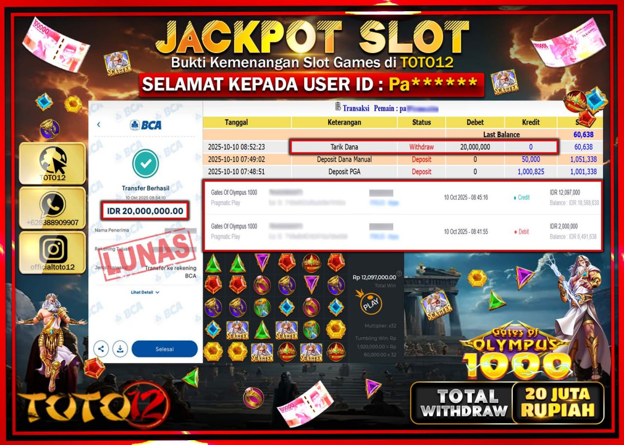 HANYA DI TOTO12 JP PASTI DI BAYAR LUNAS DAN CEPAT!!!!!! JACKPOT SLOT GAME (GATES OF OLYMPUS 1000) Rp.20.000.000 !!!!