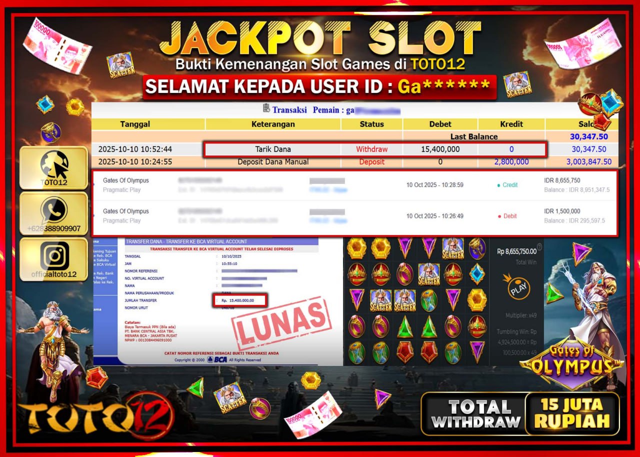 HANYA DI TOTO12 JP PASTI DI BAYAR LUNAS DAN CEPAT!!!!!! JACKPOT SLOT GAME (GATES OF OLYMPUS) Rp.15.400.000 !!!!